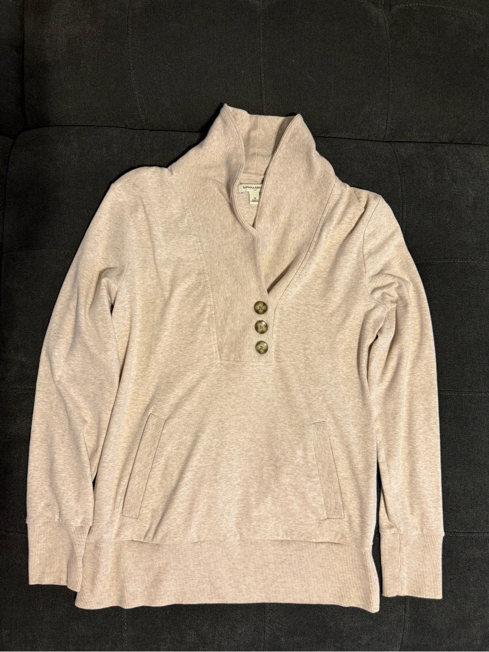 Banana Republic Ribbed Shawl Collar Button Pullover Sweater Beige M